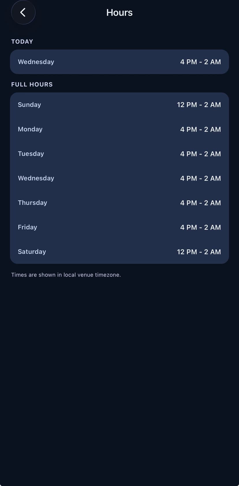 Hours screen showing full weekly opening hours