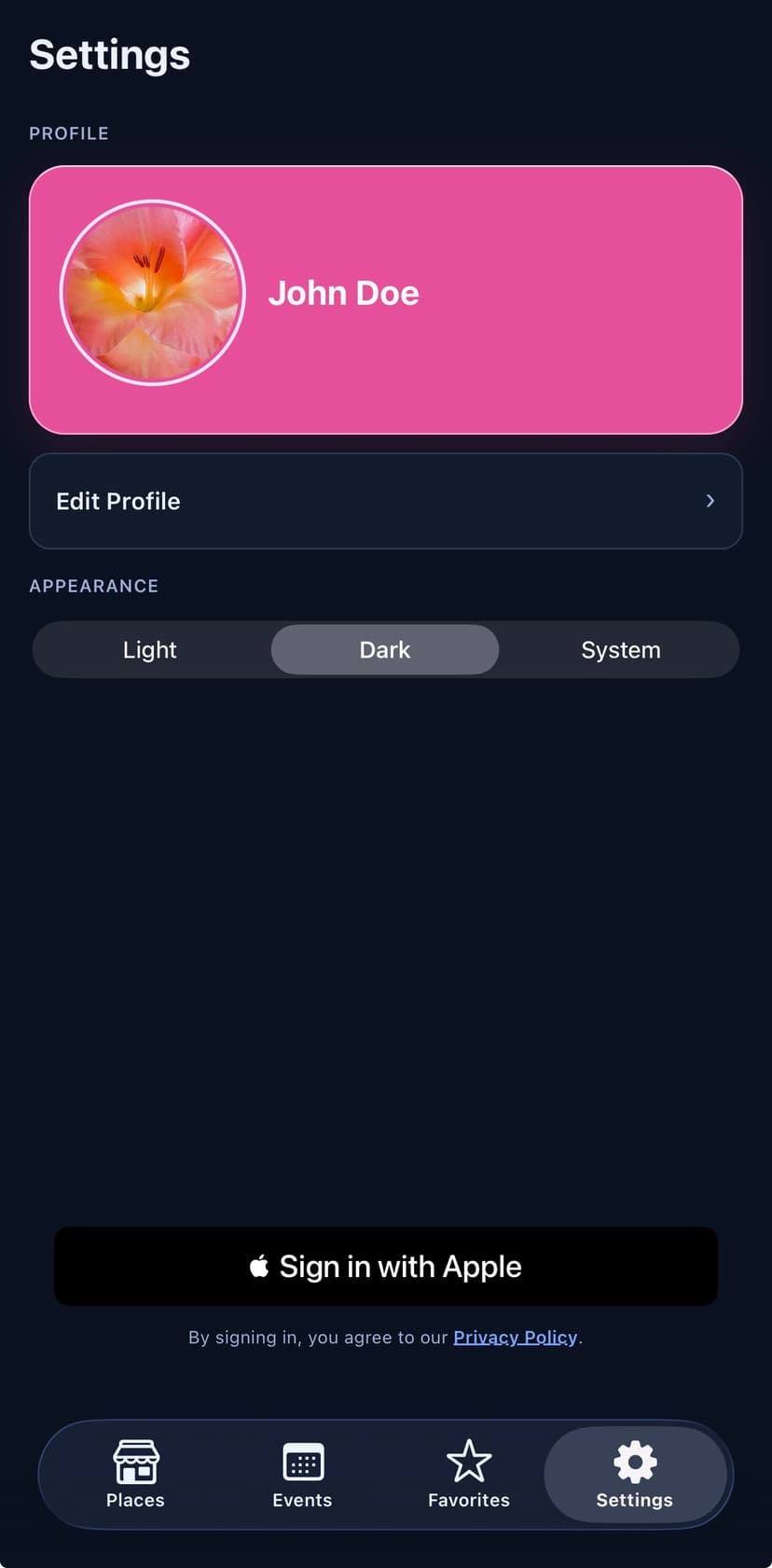 Settings screen with profile and appearance options